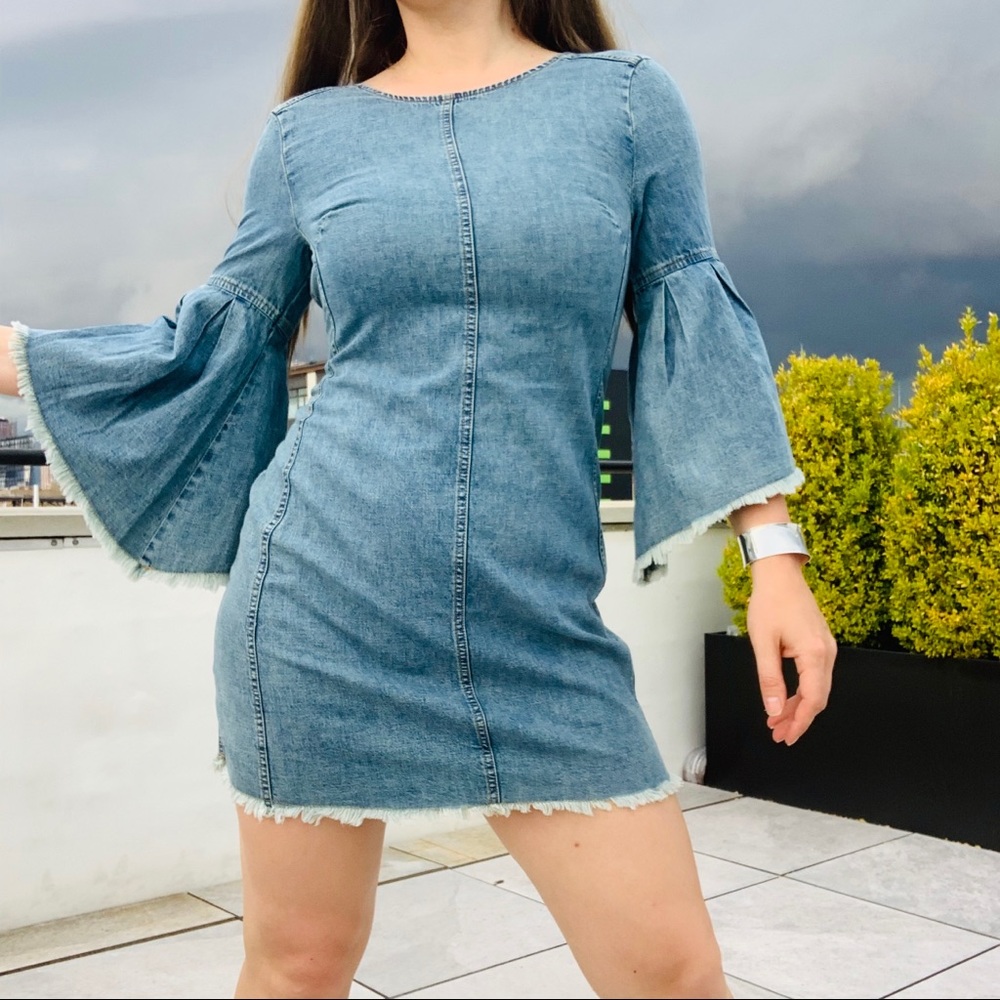 Free People Denim Fringed Raw Hem Flare Backless Dress - Picture 14 of 16